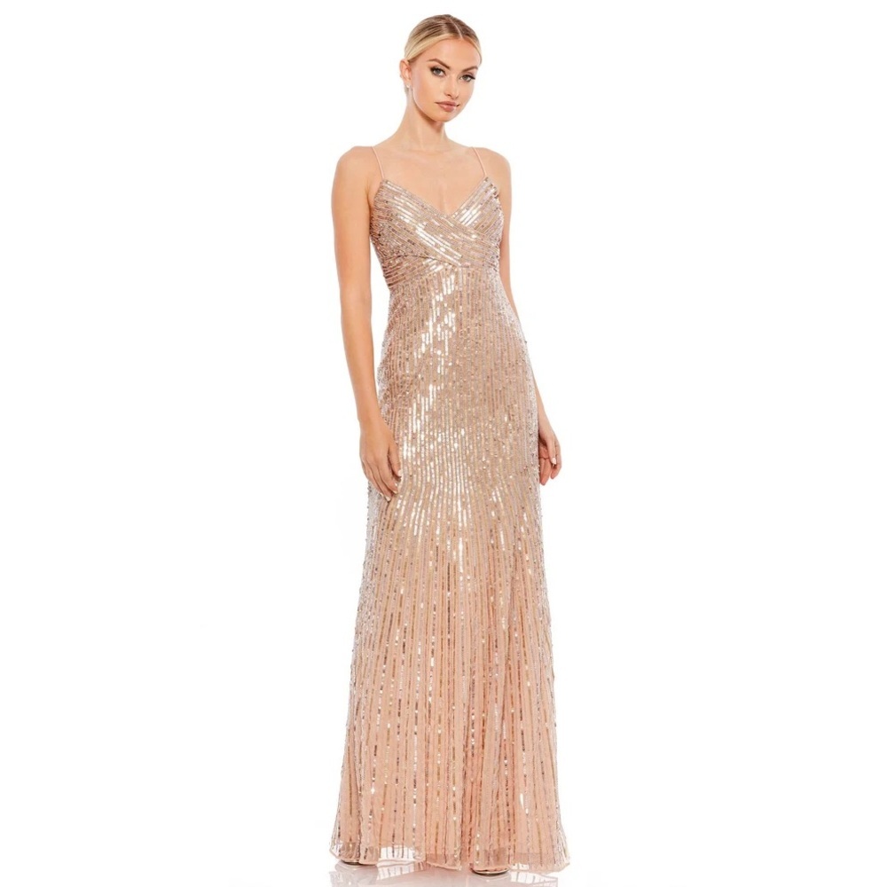 Mac Duggal Size 14 Gold 10817 Sequin Beaded Spaghetti Strap V-neck Gown Dress